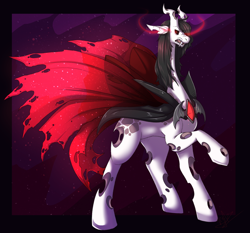 Size: 2000x1865 | Tagged: safe, artist:nega subucni, oc, oc only, oc:demontri, changeling, abstract background, cape, changeling oc, clothes, fangs, glowing, glowing eyes, open mouth, raised hoof, red changeling, solo, white changeling