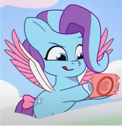 Size: 1361x1400 | Tagged: safe, edit, edited screencap, screencap, glory (g5), pegasus, pony, g5, my little pony: tell your tale, one trick pony (episode), spoiler:g5, spoiler:my little pony: tell your tale, spoiler:tyts01e20, condom, cropped, female, filly, foal, hoof heart, solo, spread wings, underhoof, wingboner, wings