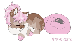 Size: 1600x929 | Tagged: safe, artist:dozyarts, oc, oc only, oc:poor baby, earth pony, pony, egg, female, lying down, mare, prone, simple background, sleeping, solo, white background