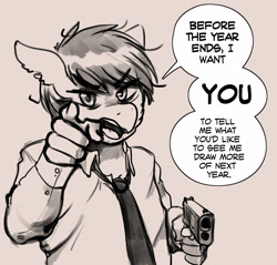 Size: 3143x3000 | Tagged: safe, artist:replica, oc, oc only, oc:replica, earth pony, anthro, angry, bedroom eyes, clothes, dialogue, digital art, gun, handgun, high res, holding, male, monochrome, necktie, shirt, sketch, solo, speech bubble, talking to viewer, text, unamused