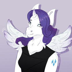 Size: 894x894 | Tagged: safe, artist:cockiecola, rarity, alicorn, unicorn, anthro, g4, alicornified, female, hoers, horn, race swap, raricorn, smiling, solo, spread wings, wings