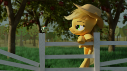 Size: 1920x1080 | Tagged: safe, artist:enteryourponyname, applejack, bird, earth pony, pony, g4, 3d, apple, apple tree, applejack's hat, blender, blender cycles, blurry background, cowboy hat, crossed hooves, fence, grass, hat, leaning, leaning forward, looking at something, relaxed, simple background, solo, sweet apple acres, tree