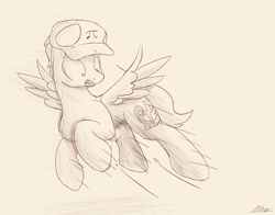 Size: 982x768 | Tagged: safe, artist:ricy, soarin', pegasus, pony, g4, /mlp/ tf2 general, bullet, jumping, male, monochrome, scared, scout (tf2), solo, spread wings, stallion, team fortress 2, wings