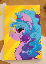 Size: 1586x2210 | Tagged: safe, artist:lbrcloud, izzy moonbow, pony, unicorn, g5, alternate hairstyle, bust, glasses, ponytail, portrait, profile, solo, traditional art