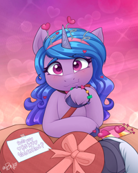 Size: 1770x2208 | Tagged: safe, artist:rivin177, izzy moonbow, oc, unnamed oc, pony, unicorn, g5, my little pony: make your mark, my little pony: tell your tale, secret ad-mare-er, spoiler:g5, spoiler:my little pony: tell your tale, spoiler:tyts01e44, blushing, bow, bracelet, chocolate, commission, cute, female, flirting, food, heart, heart eyes, hearts and hooves day, holiday, hooves, izzybetes, jewelry, looking at you, not alphabittle, offscreen character, pov, present, raised hoof, simple background, solo focus, table, underhoof, unshorn fetlocks, valentine, valentine's day, wingding eyes, ych result