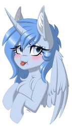 Size: 1711x3000 | Tagged: safe, artist:melodytheartpony, oc, alicorn, pony, 2023, :p, blushing, bust, chest fluff, cute, eyelashes, female, fluffy, horn, icon, looking at you, portrait, signature, simple background, solo, spread wings, tongue out, white background, wings