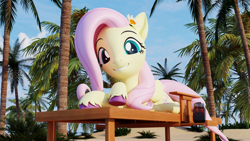 Size: 3840x2160 | Tagged: safe, fluttershy, pegasus, pony, g4, 3d, 4k, beach, blender, high res, palm tree, solo, summer, tree