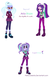 Size: 778x1208 | Tagged: safe, artist:prettycelestia, aria blaze, sugarcoat, oc, oc:sugarblaze, human, equestria girls, g4, belt, boots, clothes, crystal prep academy uniform, disguise, disguised siren, fusion, fusion:aria blaze, fusion:sugarblaze, fusion:sugarcoat, gem, hairpin, high heel boots, jewelry, multiple eyes, pigtails, purple eyes, ring, school uniform, shoes, simple background, siren gem, striped mane, white background