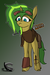 Size: 2072x3096 | Tagged: safe, artist:steelstroke, oc, oc:spark plug, pony, unicorn, fallout equestria, goggles, goggles on head, gradient background, green, high res, outline, solo, white outline, yellow