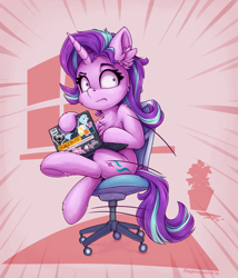 Size: 1645x1920 | Tagged: safe, artist:zeepheru_pone, phyllis, starlight glimmer, pony, unicorn, g4, annoyed, board game, chair, cheek fluff, chest fluff, computer, cup, dragon pit, ear fluff, equal cutie mark, female, kite, laptop computer, looking at you, mare, meme, mug, sitting, solo, sticker, teacup, window, wow! glimmer
