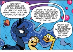Size: 720x513 | Tagged: safe, idw, official comic, discord, princess luna, alicorn, draconequus, pony, friends forever #20, g4, my little pony: friends forever, spoiler:comic, crown, dialogue, dragoness, duo, female, food, googly eyes, hand puppet, jewelry, offscreen character, regalia, speech bubble, strawberry