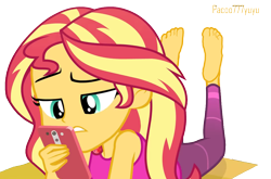 Size: 1090x718 | Tagged: source needed, safe, artist:paco777yuyu, sunset shimmer, human, equestria girls, g4, my little pony equestria girls: better together, wake up!, wake up!: rainbow dash, barefoot, beautiful, cellphone, cute, feet, female, phone, relaxing, sexy, simple background, soles, solo, sunset, text, transparent background, yoga