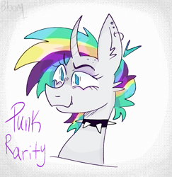 Size: 857x881 | Tagged: safe, artist:bloommoonbeam, rarity, pony, unicorn, g4, alternate hairstyle, bust, choker, punk, raripunk, simple background, solo, text, white background