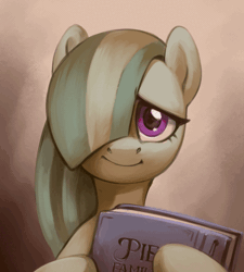 Size: 522x580 | Tagged: safe, artist:jewellier, marble pie, earth pony, pony, animated, bust, gif, looking at you, mirrored, photo album, portrait, simple background, solo, text, unitinu, wat