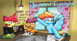 Size: 3731x2015 | Tagged: safe, rainbow dash, scootaloo, sweetie belle, earth pony, pegasus, clubhouse, crusaders clubhouse, dialogue, dice, dungeon master, female, spread wings, tabletop game, wings