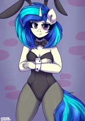 Size: 1750x2500 | Tagged: safe, artist:shadowreindeer, dj pon-3, vinyl scratch, unicorn, anthro, g4, black leotard, bowtie, breasts, bunny ears, bunny suit, clothes, crossed arms, cuffs (clothes), female, leotard, pantyhose, reasonably sized breasts, sexy, solo, unamused, vinyl scratch is not amused