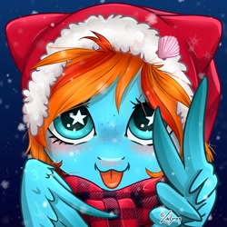 Size: 1748x1748 | Tagged: safe, artist:lailyren, oc, oc only, oc:sea feather, pegasus, pony, :p, blushing, bust, christmas, clothes, female, freckles, hat, holiday, mare, pegasus oc, santa hat, scarf, solo, starry eyes, striped scarf, tongue out, wing gesture, wing hands, wingding eyes, wings