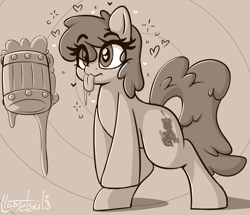 Size: 1107x950 | Tagged: safe, artist:llametsul, berry punch, berryshine, earth pony, pony, g4, cider, drool, floating heart, heart, heart eyes, hypnosis, hypnotized, looking at something, monochrome, signature, solo, that pony sure does love alcohol, tongue out, wingding eyes