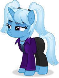 Size: 2844x3751 | Tagged: safe, artist:anime-equestria, trixie, pony, unicorn, g4, alternate hairstyle, clothes, female, high res, horn, jewelry, lidded eyes, mare, necklace, pigtails, simple background, smiling, solo, transparent background, twintails, vector