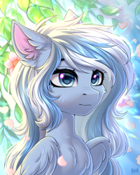 Size: 2000x2500 | Tagged: safe, artist:hakaina, oc, oc only, pegasus, pony, blue coat, blurry background, bust, cheek fluff, chest fluff, colored, commission, ear fluff, eyelashes, female, floppy ears, flower, flower petals, fluffy, high res, leaves, lighting, lightly watermarked, long mane, looking forward, mare, partially open wings, pegasus oc, petals, shading, shiny eyes, signature, sitting, solo, striped mane, three quarter view, two toned mane, watermark, wing fluff, wings, ych result