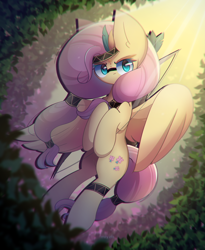 Size: 1800x2200 | Tagged: safe, artist:miryelis, fluttershy, pegasus, pony, g4, alternate hairstyle, arrow, big ears, bow, cute, feather, female, flying, leaves, long hair, looking back, makeup, mare, solo, wings