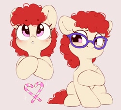 Size: 1193x1078 | Tagged: safe, artist:melodylibris, twist, earth pony, pony, g4, beige background, blushing, cute, female, filly, foal, full face view, glasses, hoof on chest, looking away, looking sideways, looking up, simple background, sitting, smiling, solo, three quarter view, twistabetes