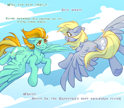 Size: 3200x2800 | Tagged: source needed, safe, artist:djkaskan, derpy hooves, lightning dust, pegasus, pony, g4, cars (pixar), cloud, dialogue, duo, duo female, eyelashes, female, flying, high res, looking at each other, looking at someone, sky, spread wings, tail, underhoof, wings