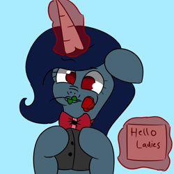 Size: 5000x5000 | Tagged: safe, artist:houndy, oc, oc only, oc:houndy, pony, unicorn, blue background, bowtie, clothes, cyan background, flower, flower in mouth, jacket, magic, mouth hold, rose, rose in mouth, sign, simple background, solo, telekinesis, waistcoat