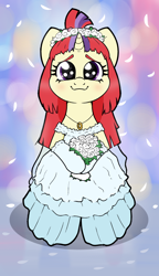 Size: 750x1300 | Tagged: safe, artist:kumakum, moondancer, pony, unicorn, g4, abstract background, bouquet, bouquet of flowers, clothes, cute, dancerbetes, dress, evening gloves, female, floral head wreath, flower, flower in hair, flower petals, gloves, happy, hoof hold, jewelry, long gloves, looking at you, marriage, necklace, pendant, smiling, smiling at you, solo, wedding dress, wholesome