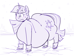 Size: 2189x1661 | Tagged: safe, artist:secretgoombaman12345, twilight sparkle, pony, unicorn, fat, female, ice, ice skates, monochrome, outdoors, skates, snow, solo, this will end in hypothermia, this will not end well, twilard sparkle, unicorn twilight, winter