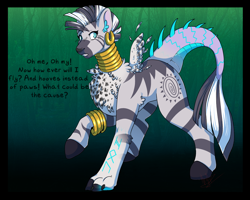 Size: 2500x2000 | Tagged: safe, artist:nega subucni, zecora, oc, oc:rune, zebra, g4, abstract background, dialogue, ear piercing, earring, feathered wings, female, furry to pony, high res, jewelry, non-mlp oc, paws, piercing, raised hoof, rhyme, solo, transformation, wings