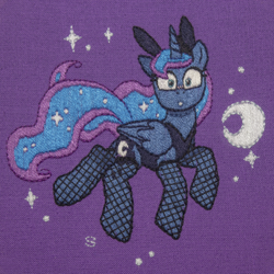 Size: 3108x3109 | Tagged: safe, artist:selenophile, princess luna, blushing, bunny ears, bunny suit, clothes, embroidery, fishnets, looking at you, moon, surprised
