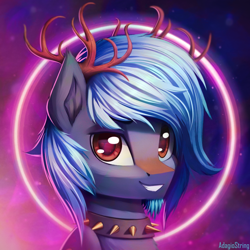 Size: 2000x2000 | Tagged: safe, artist:adagiostring, deer, pony, bust, glowing, male, my little pony, portrait, simple background, smiling, solo, solo focus, species, stallion