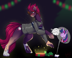 Size: 3000x2417 | Tagged: safe, artist:nega subucni, tempest shadow, twilight sparkle, oc, oc:acesential, alicorn, human, pony, g4, abstract background, bipedal, blushing, broken horn, clothes, commission, dialogue, duo, facial hair, female, gradient background, hearth's warming eve, high res, horn, human to pony, lesbian, male to female, mare, mid-transformation, nose piercing, open mouth, piercing, present, ripping clothes, rule 63, ship:tempestlight, shipping, shirt, sideburns, socks, transformation