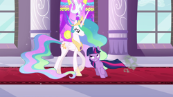 Size: 1920x1080 | Tagged: safe, screencap, princess celestia, twilight sparkle, alicorn, pony, unicorn, g4, season 2, the return of harmony, bedroom eyes, canterlot castle, crown, duo, female, hallway, height difference, jewelry, mare, regalia, stained glass, unicorn twilight, window