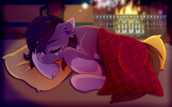 Size: 2500x1560 | Tagged: safe, artist:stesha, oc, oc only, oc:pelmeshka, earth pony, pony, blanket, brown mane, brown tail, coat markings, cute, ear fluff, earth pony oc, eyes closed, female, fireplace, full body, lying down, mare, night, pale belly, pillow, short mane, sleeping, socks (coat markings), solo, spots, tail, trade