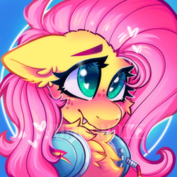 Size: 3500x3500 | Tagged: safe, artist:yumkandie, fluttershy, pegasus, pony, g4, blushing, bust, cheek fluff, chest fluff, cute, cute little fangs, ear fluff, eyebrows, eyebrows visible through hair, fangs, freckles, headphones, high res, portrait, solo, watermark, wingding eyes