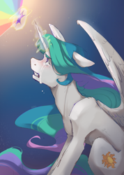 Size: 2689x3768 | Tagged: safe, artist:rladsenpai, princess celestia, alicorn, pony, g4, crying, ears back, element of magic, female, high res, implied nightmare moon, looking up, mare, sitting, solo, sternocleidomastoid