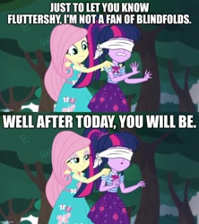 Size: 888x998 | Tagged: safe, edit, edited screencap, screencap, fluttershy, sci-twi, twilight sparkle, human, equestria girls, g4, my little pony equestria girls: better together, stressed in show, stressed in show: fluttershy, blindfold, caption, image macro, text