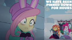 Size: 1920x1080 | Tagged: safe, edit, edited screencap, editor:quoterific, screencap, fluttershy, pinkie pie, sunset shimmer, human, equestria girls, equestria girls series, g4, holidays unwrapped, saving pinkie's pie, spoiler:eqg series (season 2), bags under eyes, boots, bunny ears, clothes, coat, female, frown, gloves, gritted teeth, hat, huddle, igloo, mittens, shoes, snow, souffle, sweater, teeth, trio, trio female, winter hat, winter outfit