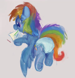 Size: 1847x1913 | Tagged: safe, artist:asdfasfasda, rainbow dash, pegasus, pony, g4, adult foal, butt, crayon, diaper, diaper butt, diaper fetish, drawing, female, fetish, hooves, non-baby in diaper, plot, rear view, solo, underhoof, wings, wings down