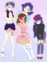 Size: 540x720 | Tagged: safe, artist:brot-art, rarity, oc, oc:opacity, human, g4, alternate hairstyle, bandage, beatnik rarity, belly button, belt, beret, brush, canon x oc, clothes, commission, duality, ear piercing, earring, elf ears, eyebrow piercing, eyes closed, female, fur coat, glasses, hat, high heels, horn, horned humanization, humanized, humanized oc, jacket, jewelry, leather, leather jacket, lesbian, lipstick, makeup, midriff, one eye closed, pants, piercing, punk, raripunk, self paradox, shirt, shoes, shorts, socks, spiked wristband, stocking feet, stockings, sweater, t-shirt, thigh highs, wink, wristband