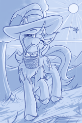 Size: 2000x3000 | Tagged: safe, artist:shad0w-galaxy, trixie, pony, unicorn, basket, blushing, chest fluff, cupcake, cute, diatrixes, ear fluff, female, fluffy, food, grass, hat, high res, hooves, mare, monochrome, mountain, mountain range, one eye closed, patreon, patreon reward, picnic, picnic basket, picnic blanket, raised hoof, smiling, solo, sun, tree, unshorn fetlocks, wink, witch hat