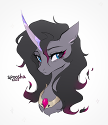Size: 2128x2464 | Tagged: safe, artist:spoosha, oleander (tfh), classical unicorn, pony, unicorn, them's fightin' herds, awwleander, black mane, blue eyes, bust, cloven hooves, community related, curved horn, cute, digital art, eyebrows, eyelashes, eyeshadow, female, frown, gem, high res, horn, jewelry, leonine tail, looking at you, makeup, mare, messy mane, necklace, signature, simple background, solo, sparkles, unshorn fetlocks, white background