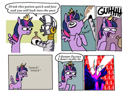 Size: 1941x1425 | Tagged: safe, artist:punkittdev, twilight sparkle, zecora, alicorn, pony, zebra, g4, princess twilight sparkle (episode), aaaaaaaaaa, comic, dialogue, drinking, duo, ear piercing, earring, eye contact, female, flashback potion, glowing, glowing eyes, hoof hold, hooped earrings, jewelry, looking at each other, looking at someone, mare, neck rings, new crown, open mouth, piercing, potion, speech bubble, twilight sparkle (alicorn)