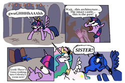 Size: 2050x1360 | Tagged: safe, artist:punkittdev, princess celestia, princess luna, twilight sparkle, alicorn, pony, g4, princess twilight sparkle (episode), comic, crown, dialogue, door, female, flashback, headset, jewelry, mare, new crown, open mouth, peytral, regalia, royal sisters, siblings, sisters, speech bubble, spread wings, suddenly hands, trio, twilight sparkle (alicorn), wings