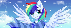 Size: 1200x480 | Tagged: safe, artist:stesha, oc, oc only, oc:manti'core, pegasus, pony, bust, clothes, cloud, commission, ear fluff, green eyes, heart, looking at you, male, multicolored mane, pegasus oc, scarf, sky, sky background, smiling, smiling at you, solo, spread wings, stallion, striped scarf, wings