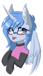 Size: 1711x3000 | Tagged: safe, alternate version, artist:melodytheartpony, oc, alicorn, pony, 2023, :p, blushing, bust, chest fluff, clothes, collar, cute, eyelashes, female, fluffy, glasses, horn, icon, looking at you, portrait, shirt, signature, simple background, socks, solo, spread wings, stockings, thigh highs, tongue out, white background, wings