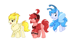 Size: 1074x651 | Tagged: safe, artist:diniarvegafinahar, part of a set, breezie, earth pony, pegasus, pony, a, alphabet lore, bowtie, c, clothes, flying, headphones, jacket, male, ponified, simple background, species swap, stallion, transparent background, trio, trio male, wings, 🅱