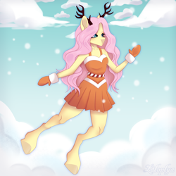 Size: 5000x5000 | Tagged: safe, artist:laloplya, fluttershy, pegasus, anthro, unguligrade anthro, antlers, clothes, cloud, female, flying, gloves, skirt, snow, solo